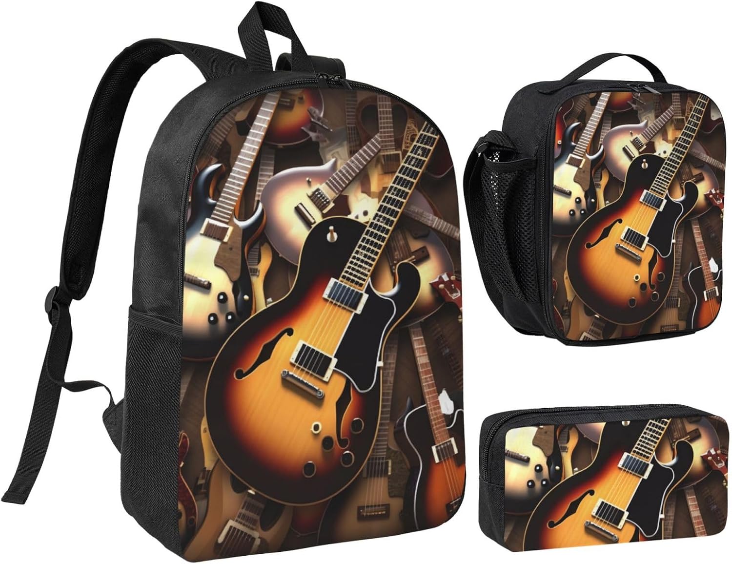 Music Guitar Backpack with Lunch Bag Coin Pouch Set
