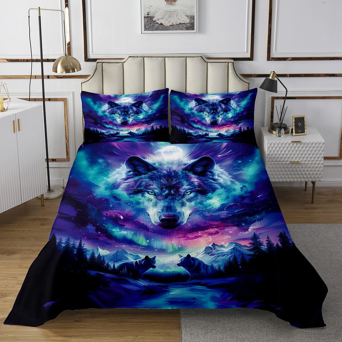 Castle Fairy Wolf Silhouette Coverlet Set Queen Size Gradient Aurora Galaxy Bedspread Fashion Room Decor Wolf Safari Animal Quilted for Teens Gift Dreamy Natural Landscape Bedding with 2 Pillowcases