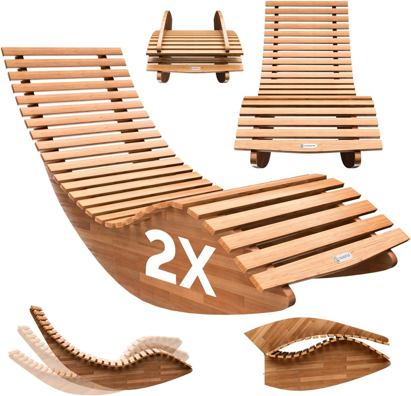 Casaria® Set 2X Tumbona Mecedora Plegable Asiento Madera Acacia FSC® Certificada 160Kg Ergonómica 154x60x78cm Resistente Intemperie Jardín Balcón