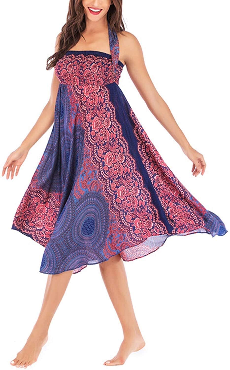 Dames Lange Rokken 2 in 1 Boheemse Breezy Beach Gypsy Boho Hippie Rok Elastische Taille Bloemenprint Vintage Lange Maxi Rok Sexy Halter of Strapless Jurk Zijomslag Boho Rok met asymmetrische zoom