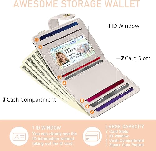 Miniatura 4 de Rfid - Cartera para mujer, pequeña y delgada para tarjetas de crédito, de piel sintética, plegable, con cremallera, bolsillo para monedas, ventana