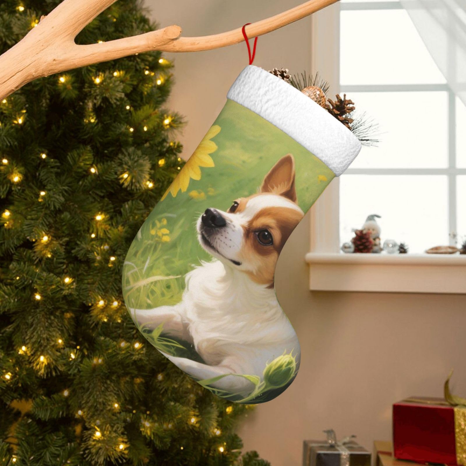 Velvet Christmas Stockings 17.7 Inch, Chihuahua Dog Sunflowers Xmas Stocking with Soft Cuff,Classic Personalized Christmas Tree Decoration for Family Holiday New Year Party Supplies