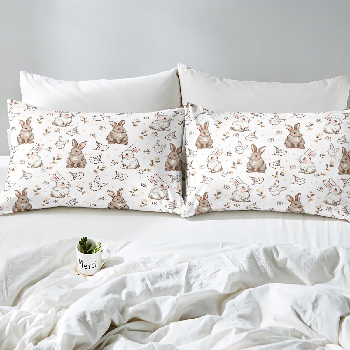 Feelyou White Brown Rabbit Bedding Set Full Size Cartoon Cute Comforter Cover Set for Kids Teens Fresh Floral Duvet Cover Kawaii Animal Bedspread Cover 3Pcs with 2 Pillow Case