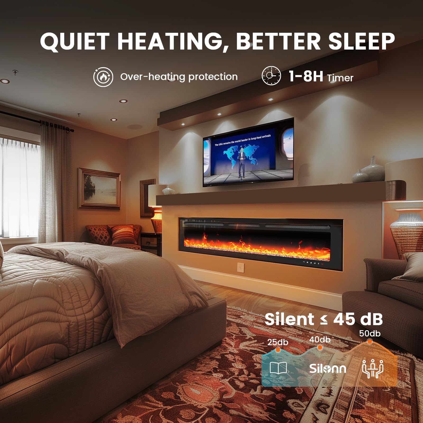 Silonn 50?Smart Electric Fireplace Heater with App & Remote Control, 5300 BTU Heat Output, Ultra-Slim Wall-Mounted or Recessed Electric Fireplace Inserts with Timer, 20 Flame Colors,WiFi Enabled