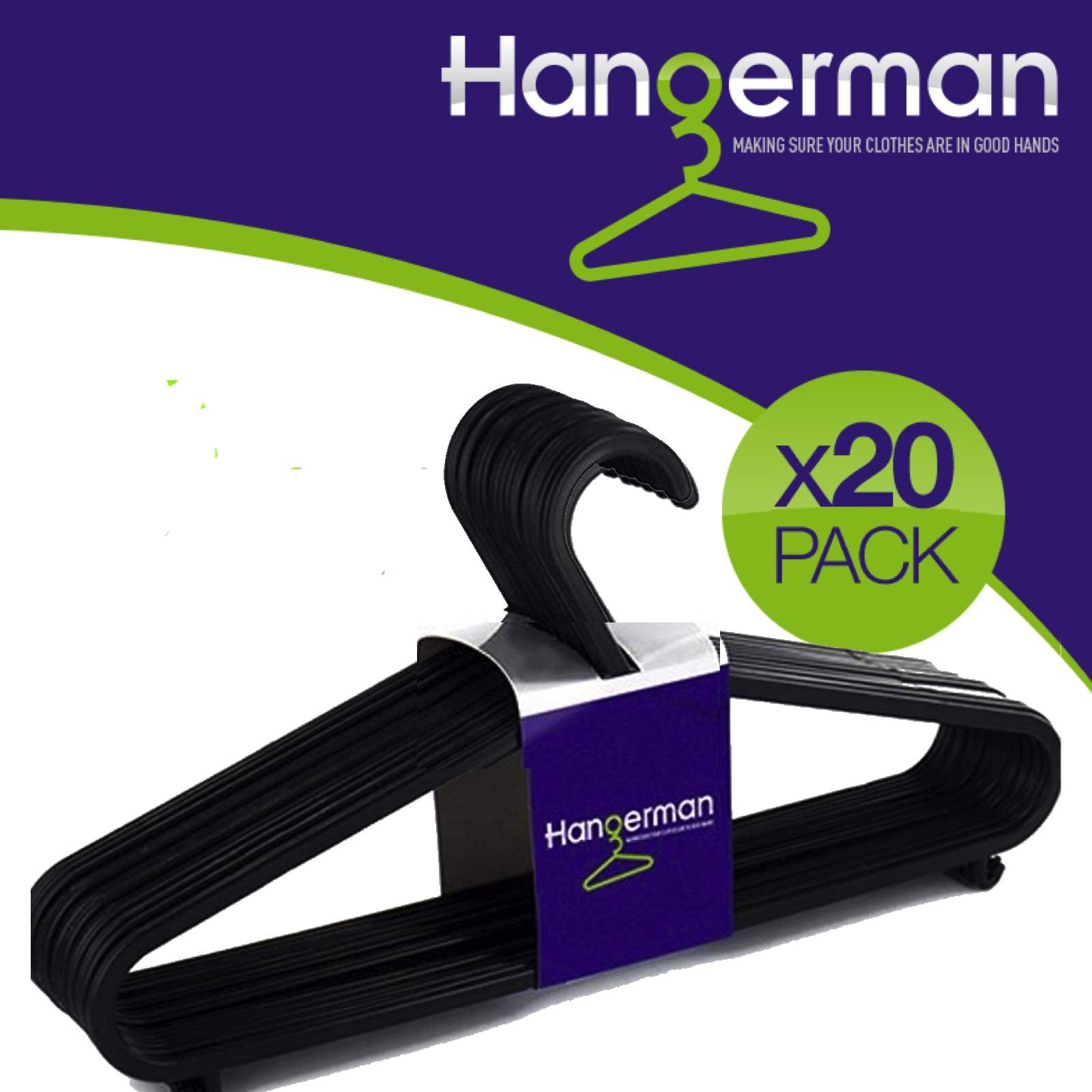 Hangerman 20 Black Plastic Coat Hangers Plastic Clothes Hanger Garment Coat Dress Skirt Adult Size Hangers with Suit Trouser Bar & Lips