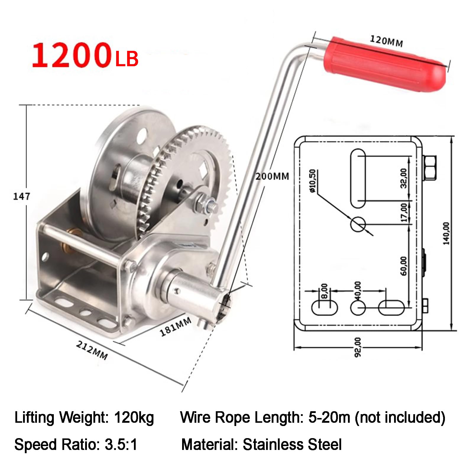 Argano manuale resistente da 680 kg, manovella bidirezionale, telaio in acciaio inox, perfetto per rimorchi e barche, soluzione di sollevamento affidabile