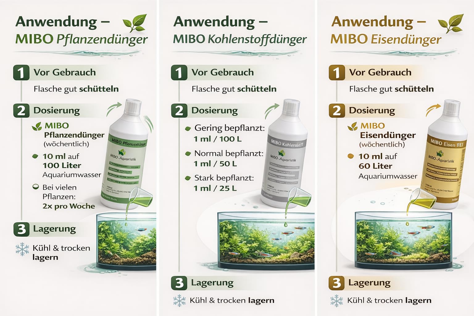 MIBO Pflanzendünger Spar Set 3x 5000ml Aquariumdünger bestehend aus 1x5000 ml Pflanzendünger, 1x5000 ml Kohlenstoffdünger und 1x5000 ml Eisendünger Neu!