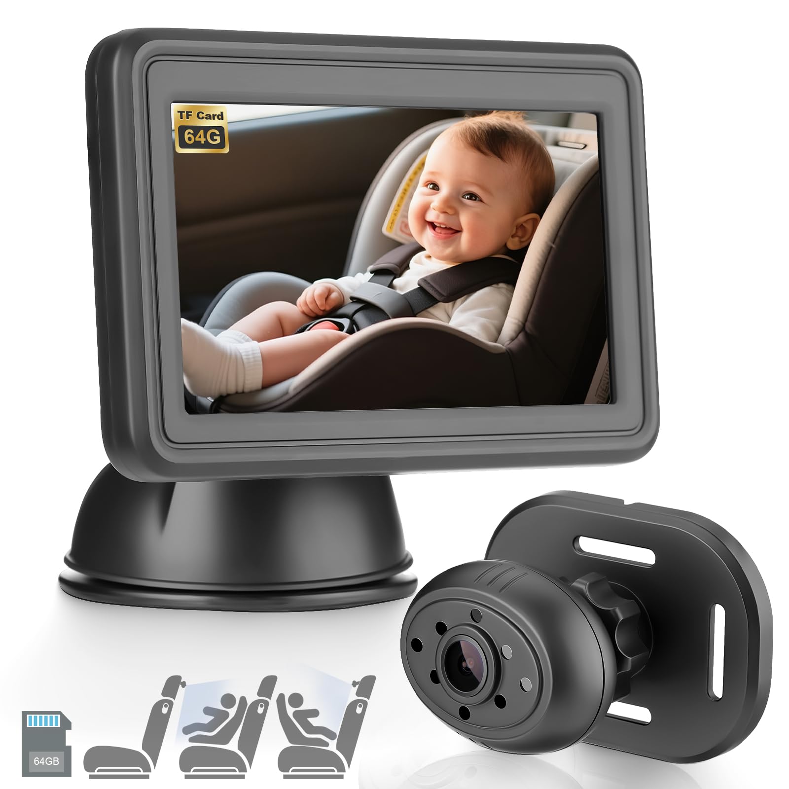 GEARMONSTER Cámara de coche para bebé HD 1080P, cámara trasera de 4,3 pulgadas con monitor, tarjeta TF de 32 GB, USB plug-and-play, visión nocturna, visión nocturna para el asiento trasero del coche
