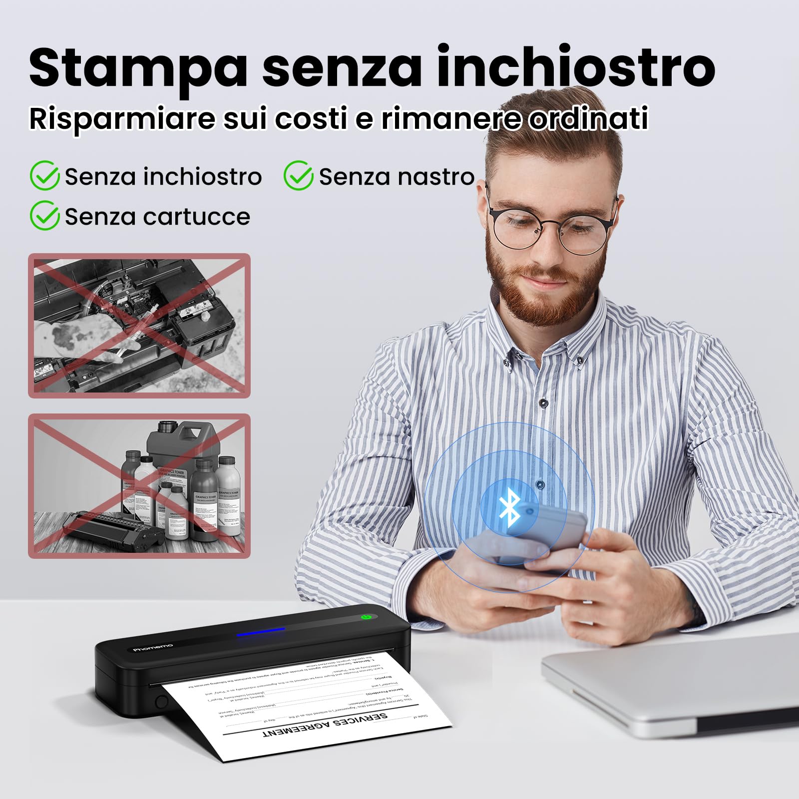 Phomemo M832 Stampante Termica Portatile A4, 300 DPI, Senza Inchiostro, Compatibile Smartphone