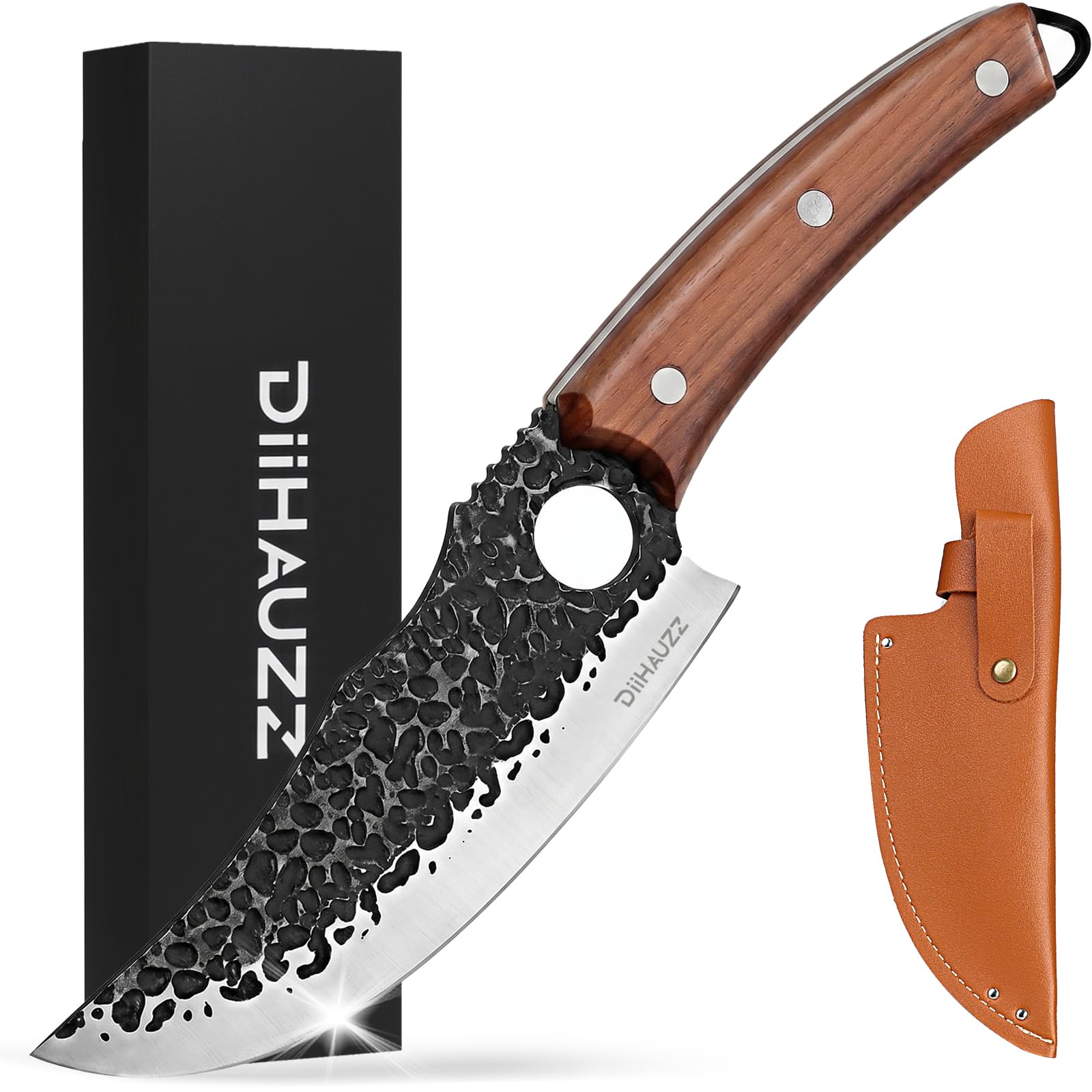 DiiHAUZZ Küchenmesser, 15 cm Profi Kochmesser mit Lederscheide, Scharfe Klinge, Hochkohlenstoff-Edelstahl, Ergonomischer Holzgriff, Japanisches Messer für Outdoor & BBQ, Fleischmesser als Geschenk