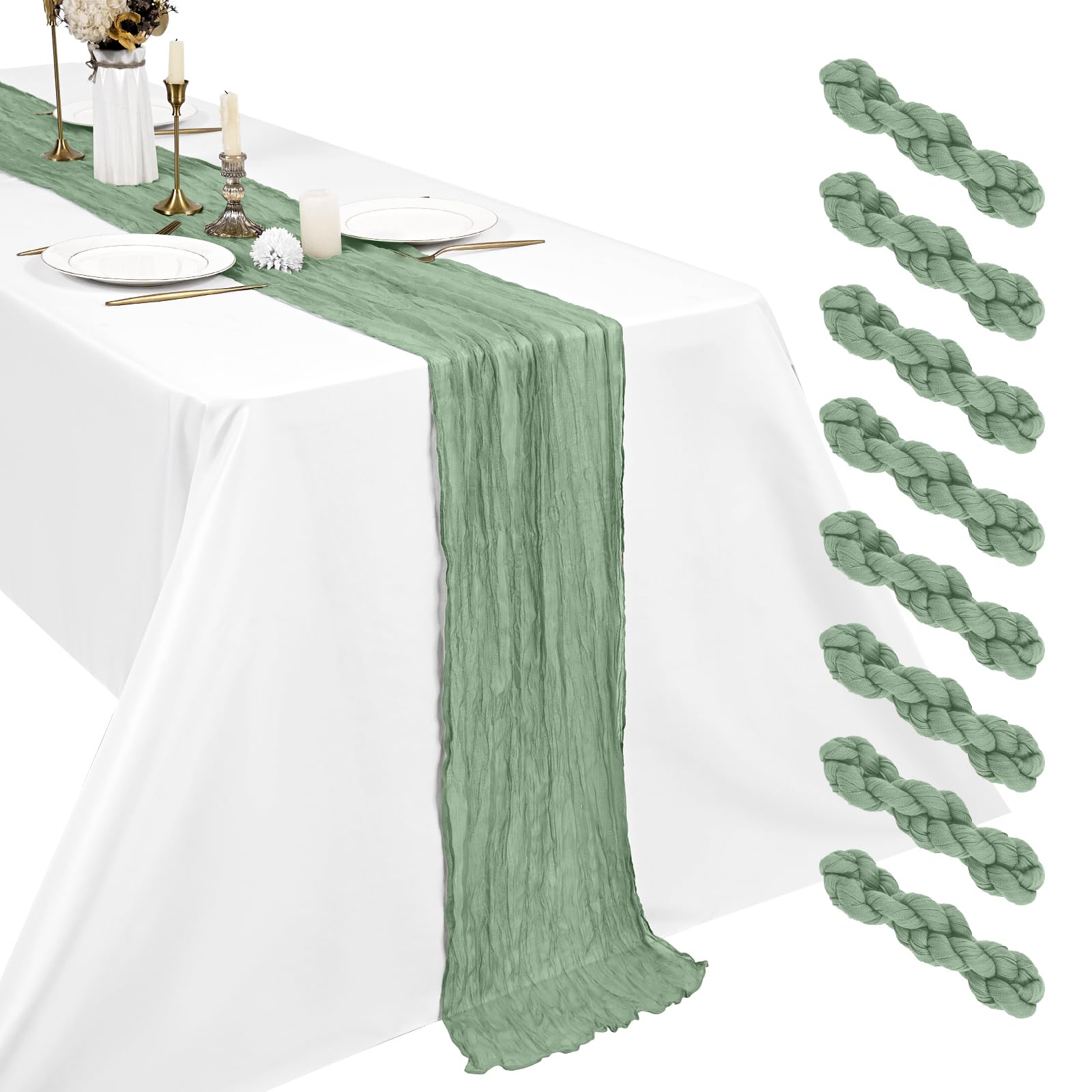 8 Pack Sage Green Cheesecloth Table Runner, 17.7 x 108 inch Boho Gauze Table Runner 45x275 cm Rustic Romantic Long Table Runner for Wedding Party Bridal Shower Christmas Decoration