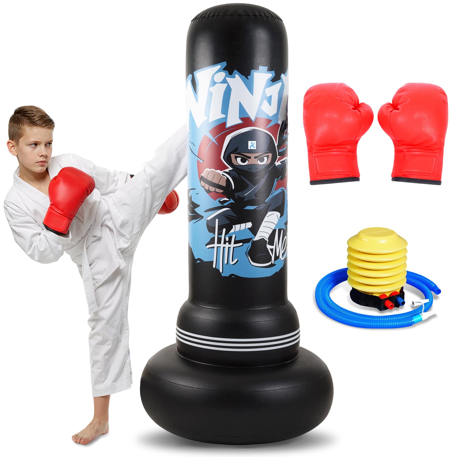 HYZCXPL Inflatable Freestanding Punching Bag for Kids & Adults - 170cm Complete Boxing Set with Gloves & Air Pump for Kickboxing, Karate, Taekwondo, MMA Training