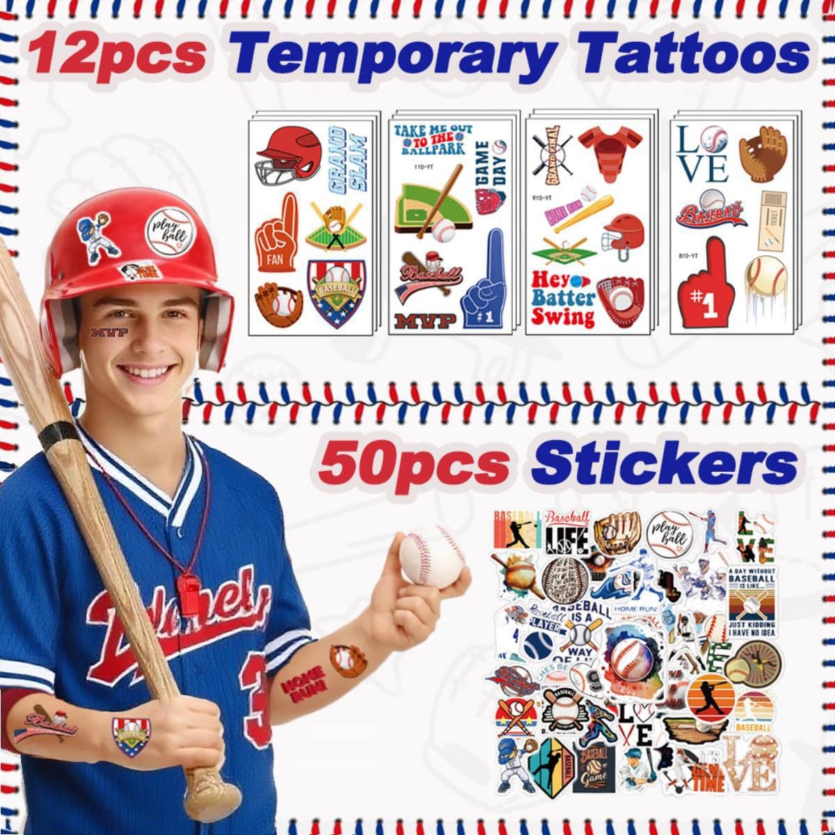 134 PCS Baseball Party Favors, 12 Set Goodie Bag, Mini Stress Balls, Baseball Stickers, Rubber Bracelets, Keychain, Tattoo Stickers, Slap Bracelets, Whistle for Baseball Themed Party Supplies - Image 4