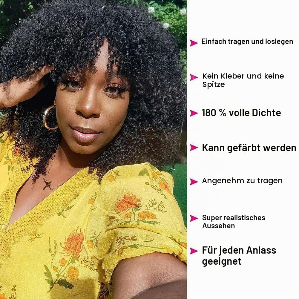 Afro Kinky Curly Human Hair Wig with Bangs for Women None Lace Human Hair Glueless Wig 180% Density Small Curly Human Hair Wigs for Black Women Afro Wig 12 Inch