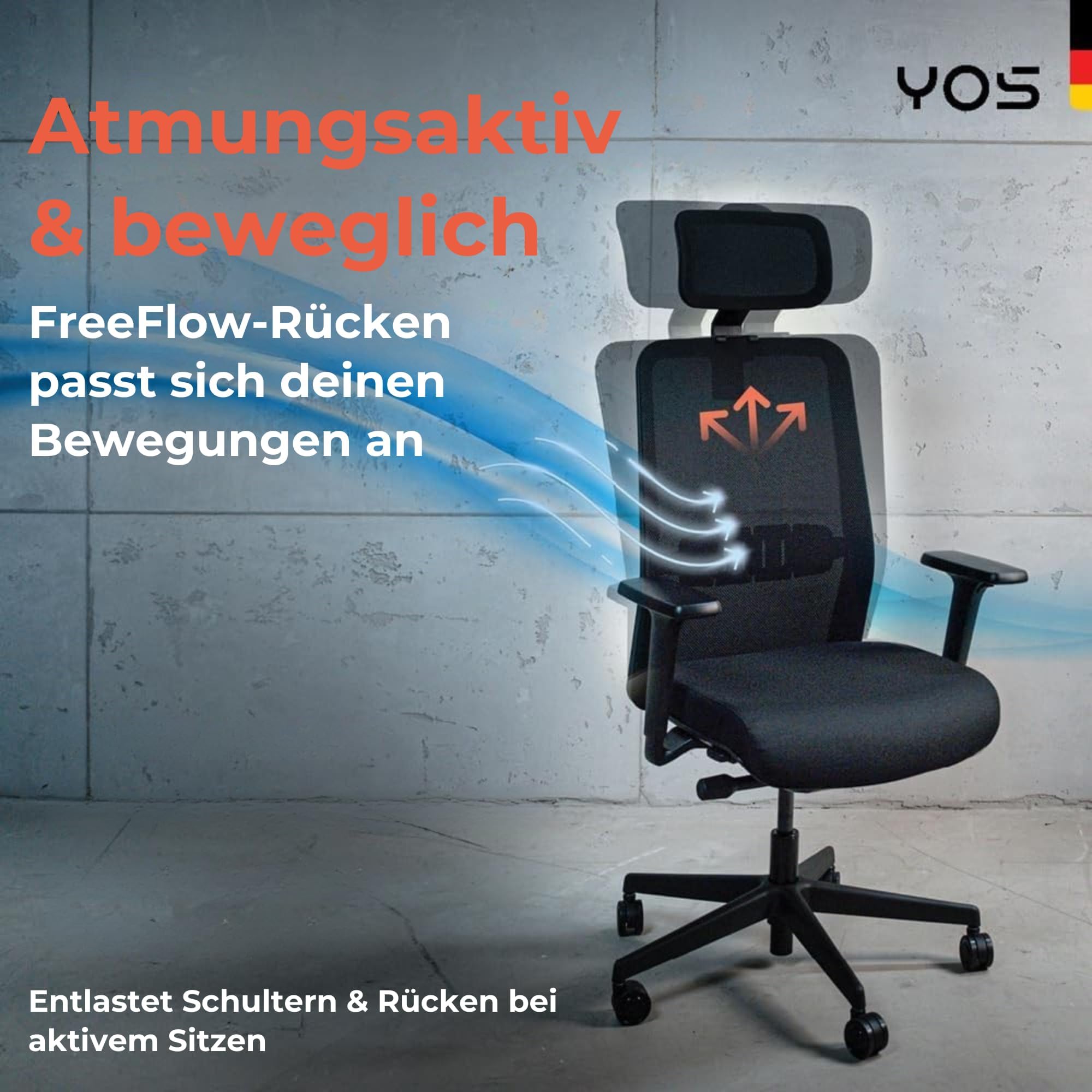YOS S5 ergonomischer Bürostuhl mit Kopfstütze, Schreibtischstuhl | Netzrücken, Lordosenstütze, Kopfstütze, 150 kg Belastbarkeit – Made in Germany