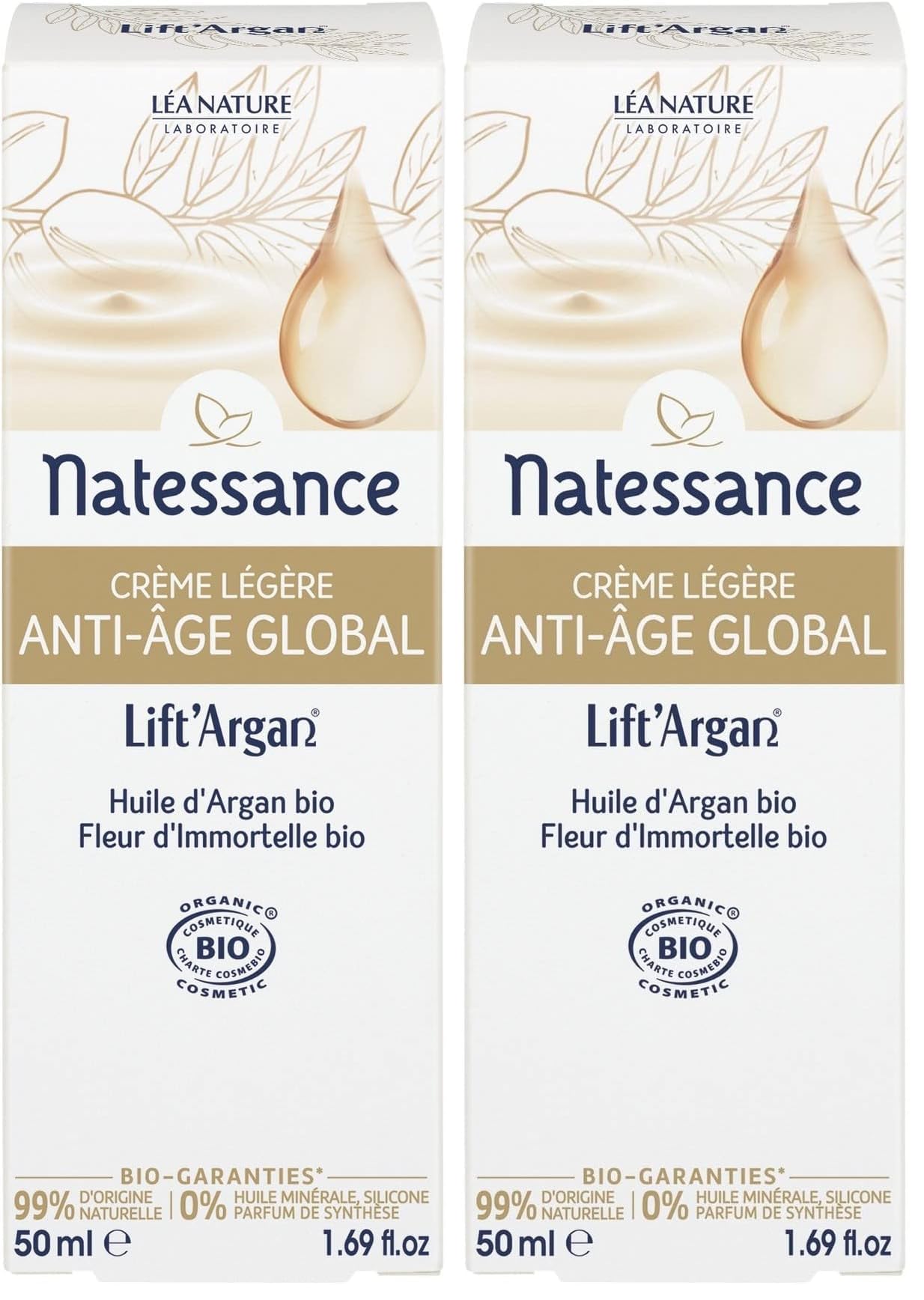 Natessance | Crème Légère Anti-Âge Global – Lift’Argan | Action complète sur les signes du vieillissement cutané : rides, fermeté, sécheresse | Peaux normales à mixtes | 98% d’origine naturelle|50 ml