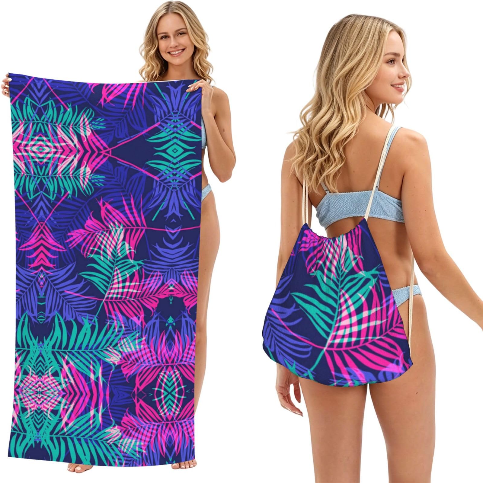 SATUSA Colorful Leaves Print 2-In-1 Foldable Beach Towel Backpack â€“ Camping, Yoga And Travel,Bath Towel With Built-In Storage, Convertible Beach Mat & Carry Bag