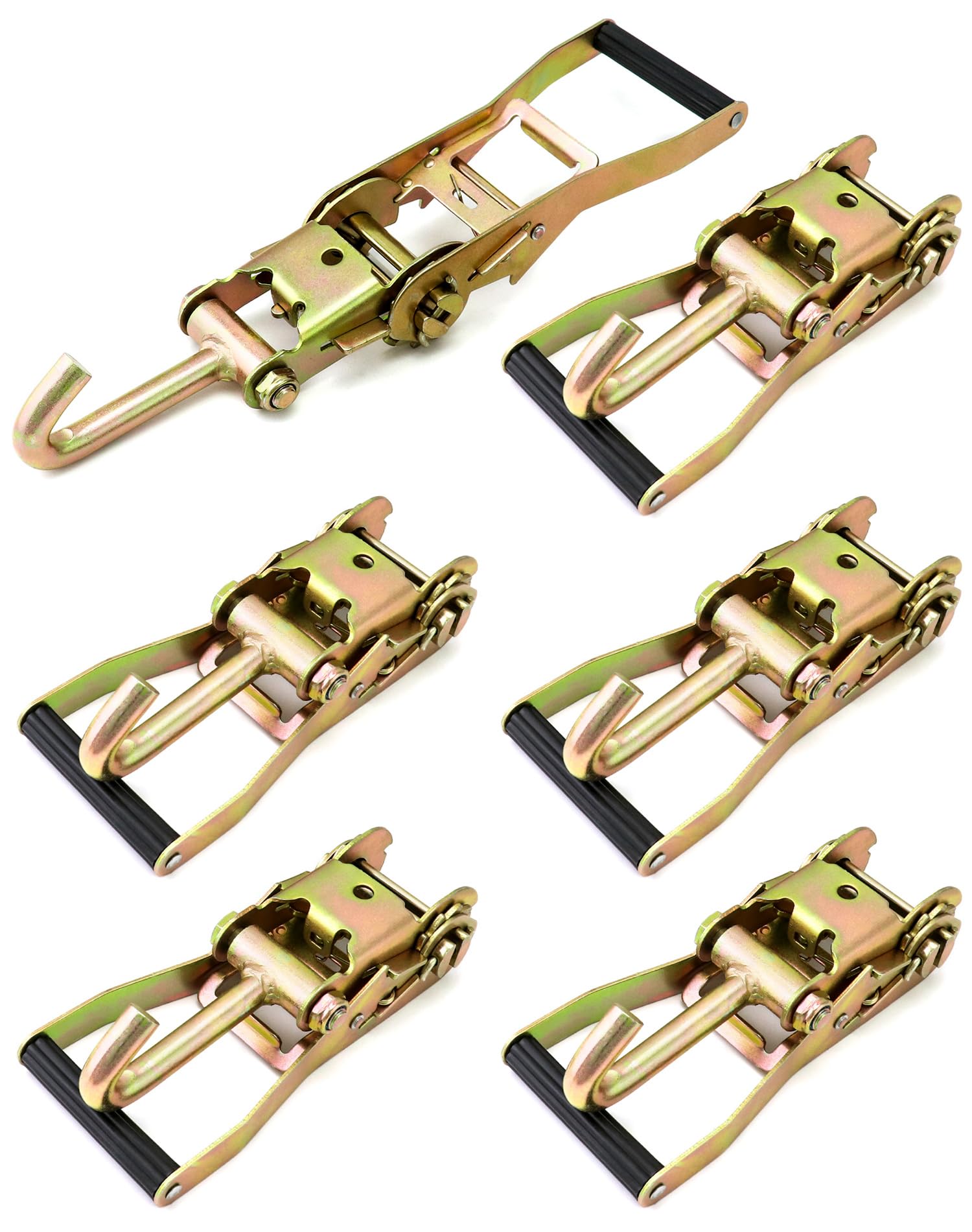 QWORK Fibbia a cricchetto con gancio singolo lungo, confezione da 6 cinghie a cricchetto da 5,1 cm, ganci a J, sicurezza per camion cargo