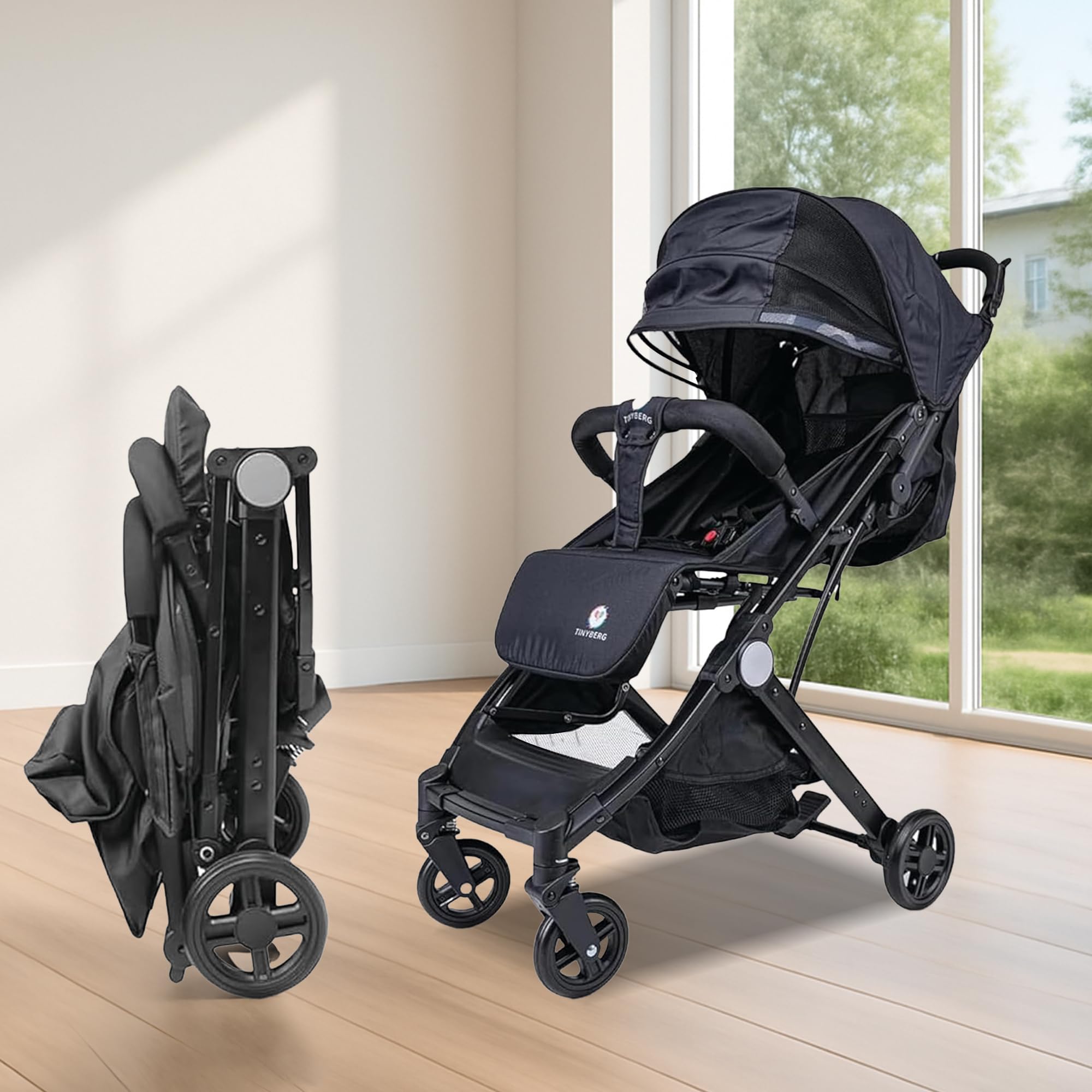 TinyBerg B-Wagon Baby Stroller, Soft-Touch Fabric & Sleek Design, 360° Wheels with Shock Absorbers, Protective Cover, 5-Point Safety Harness, Food Tray & Foot Brake, Smooth Ride on Any Terrain (Black)-image-29