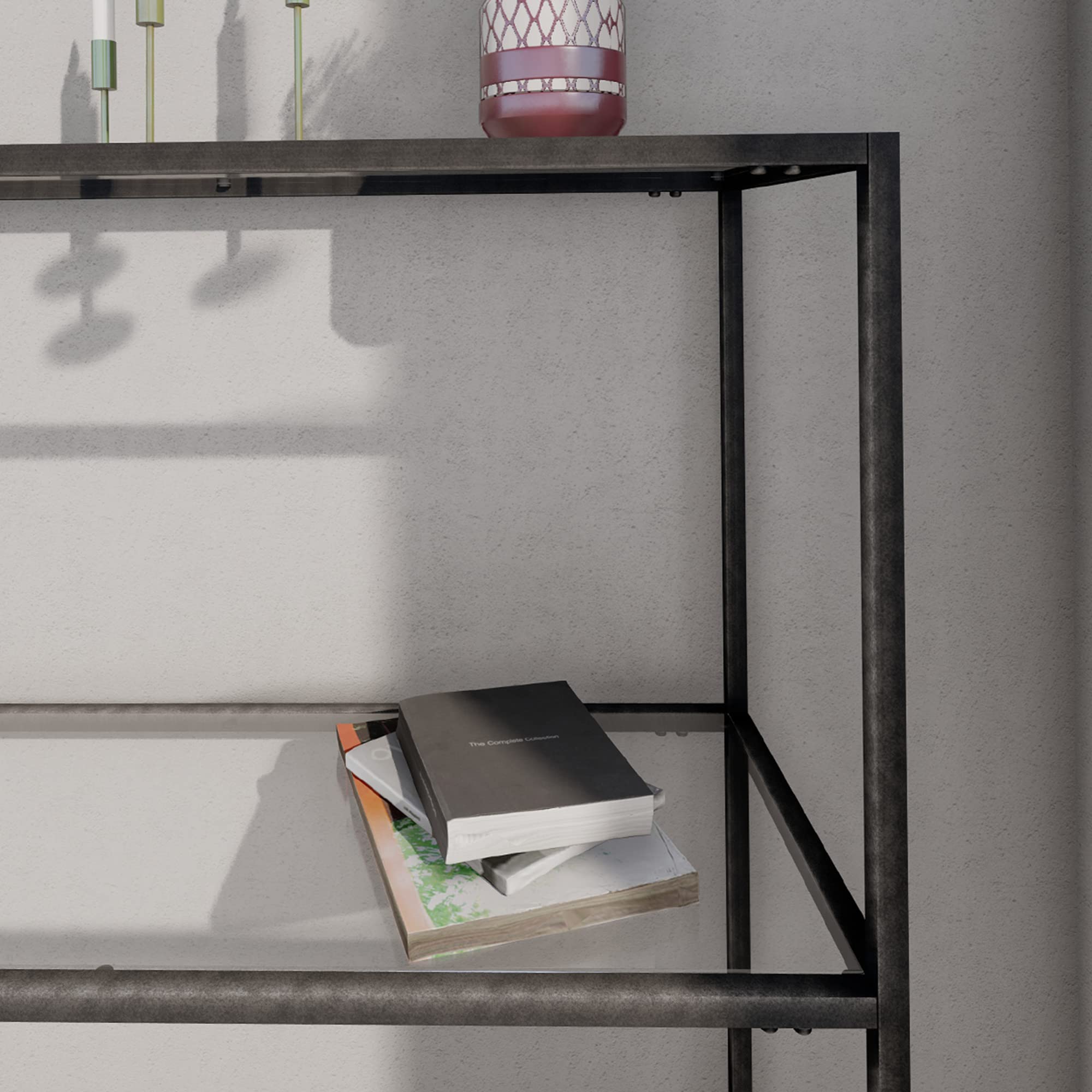 [en.casa] Mesa Consola con Estante Adicional Mueble de Entrada para Salón Recibidor Resistente a los Arañazos Metal Cristal Templado 85 x 80 x 30 cm - Negro y Transparente