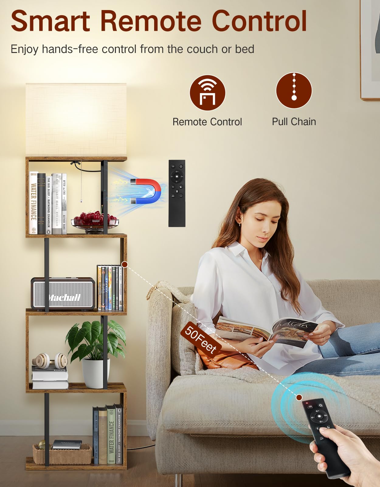 Lampadaire avec Étagère en S à 5 Niveaux, Lampe LED avec 3 Températures de Couleur et Télécommande, Design Moderne pour Salon, Chambre et Bureau