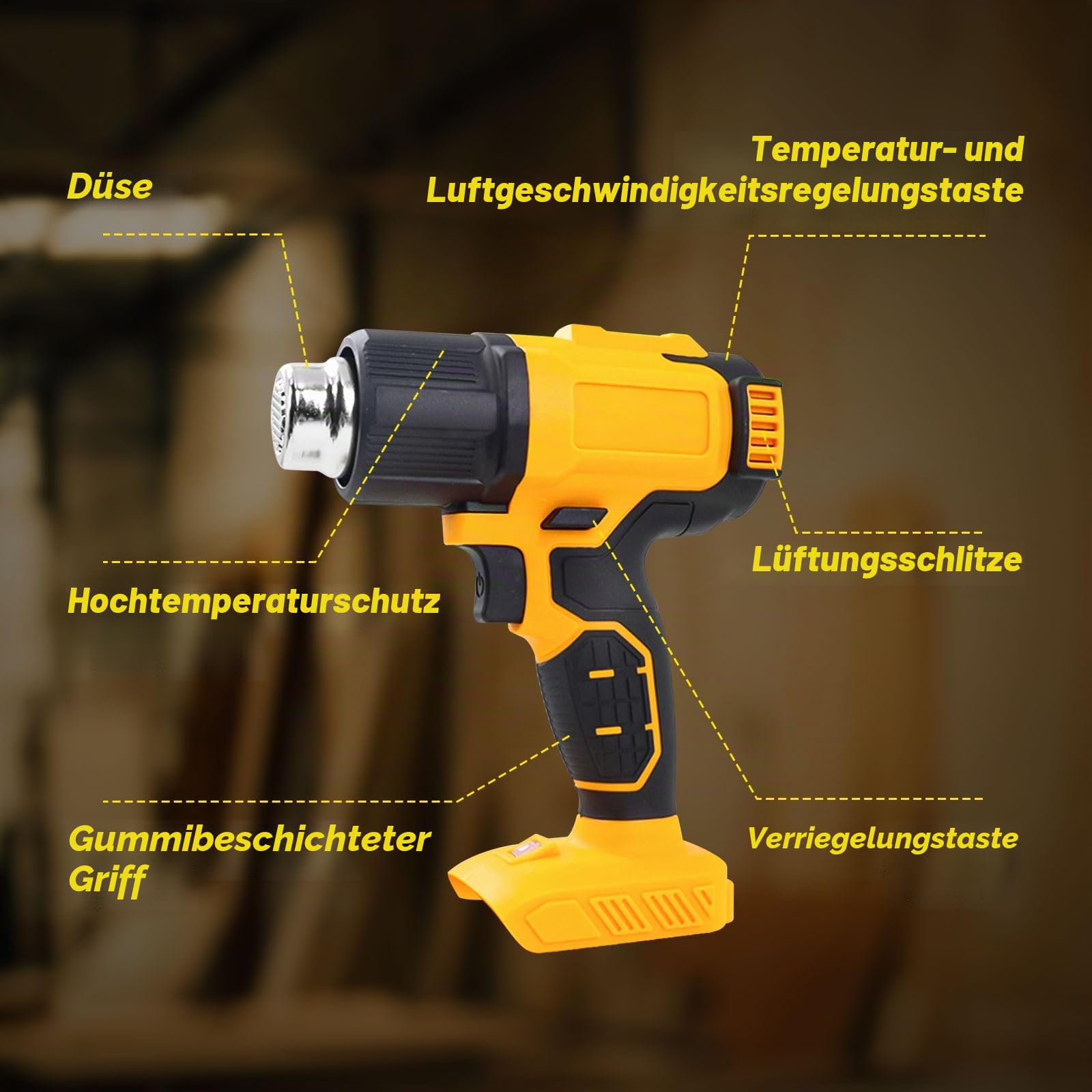 Akku-Heißluftpistole für Dewalt 20V Akku, 50℃-550℃ Heißluftpistole mit Digitalanzeige, Schnellheizung Kabellose Heißluftpistole, Einstellbare Temperatur und Luftstrom mit 5 Düsen