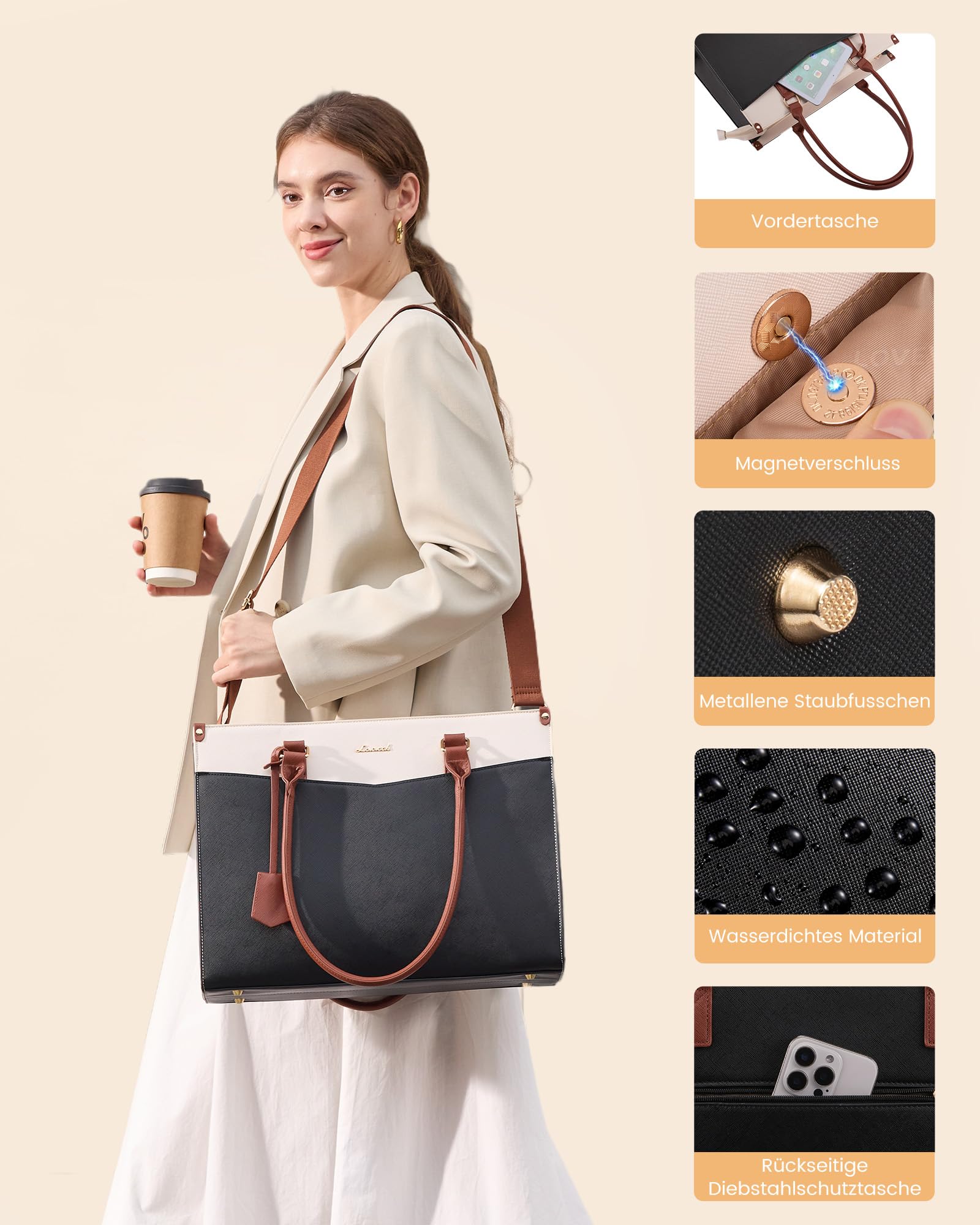 LOVEVOOK Borsa per computer portatile da donna 2 in 1, elegante borsa da lavoro, in pelle PU, borsa shopper, borsa per scuola, università