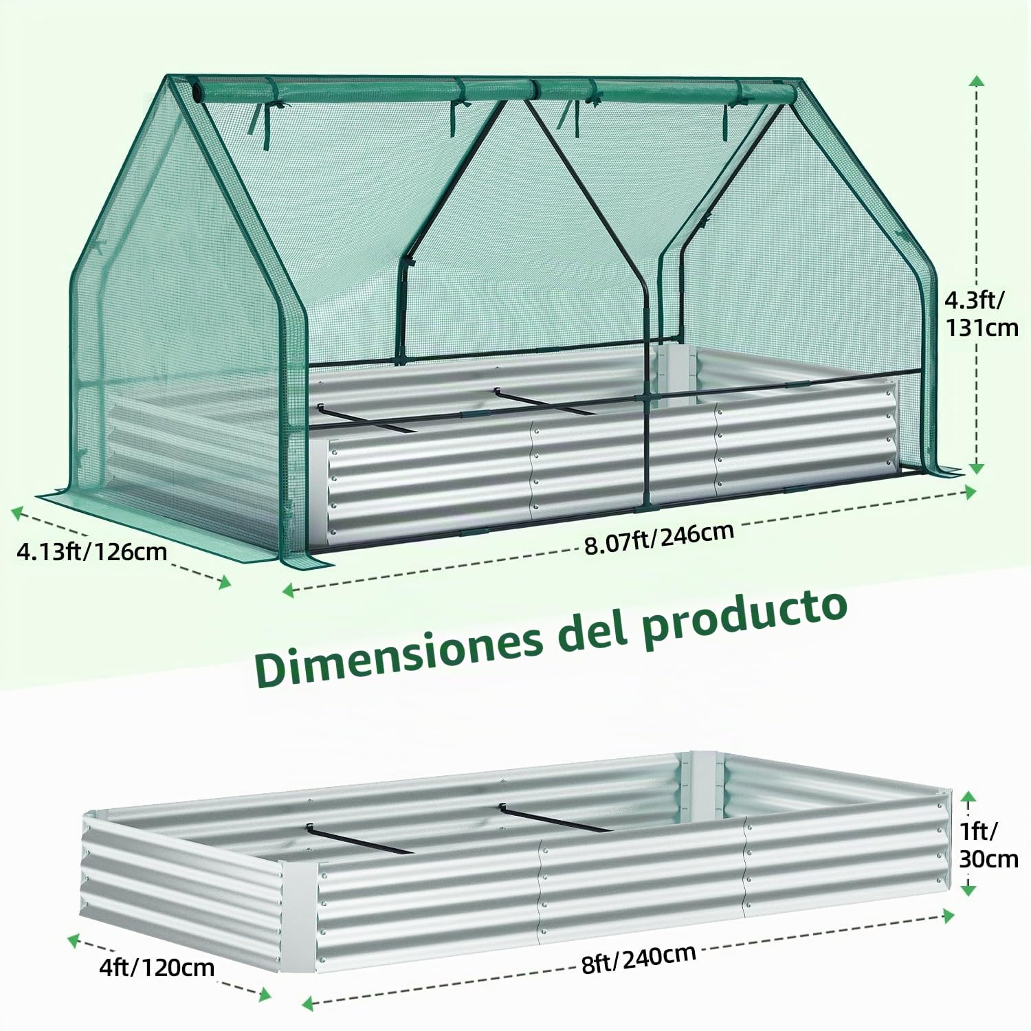 Ohuhu Cama de jardín elevada con invernadero, maceta metálica galvanizada 8x4x1 pies con cubierta de polietileno, 4 puertas para ventilación, para cultivo de verduras y flores