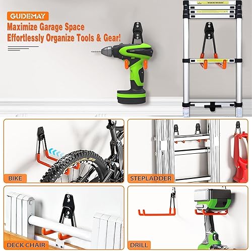 Miniatura 7 de GUDEMAY Paquete de 32 ganchos de garaje, colgador de herramientas de acero resistente y organizador para almacenamiento de montaje en pared,