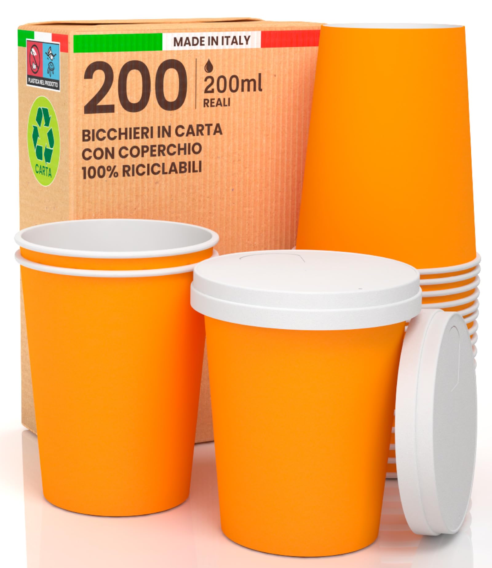 200 vasos de café para llevar, de papel naranja, 200 ml, con tapa de papel, bebidas calientes y frías, té infusionado de agua ecológicos biodegradables, tazas desechables de colores + 200 tapas de