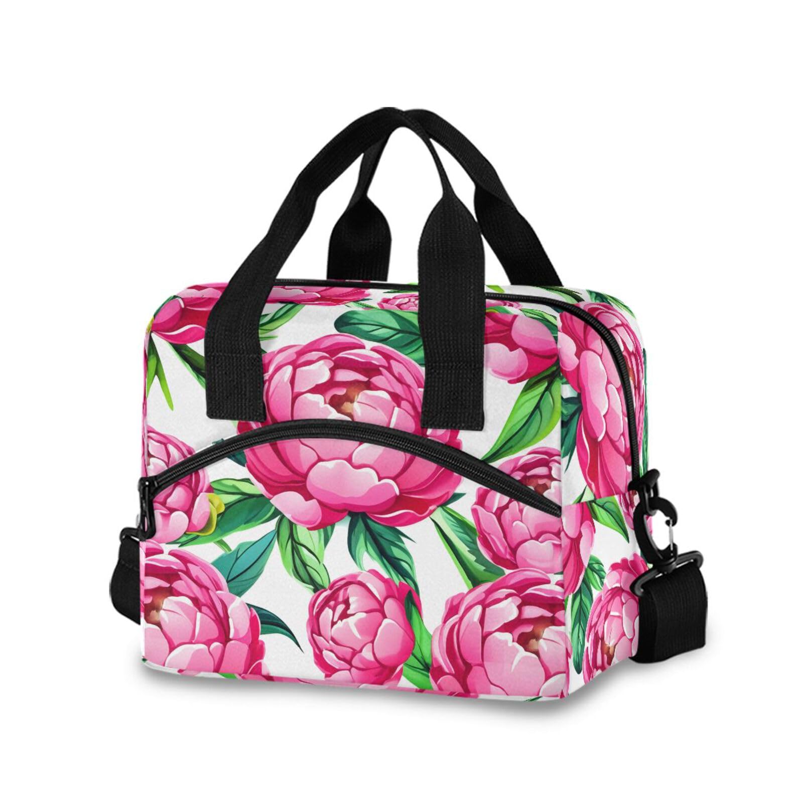 Insulated Lunch Bag Reusable Cooler Peonies Leaves Pink Floral Lunch Box Adjustable Shoulder Strap for Adults School Office