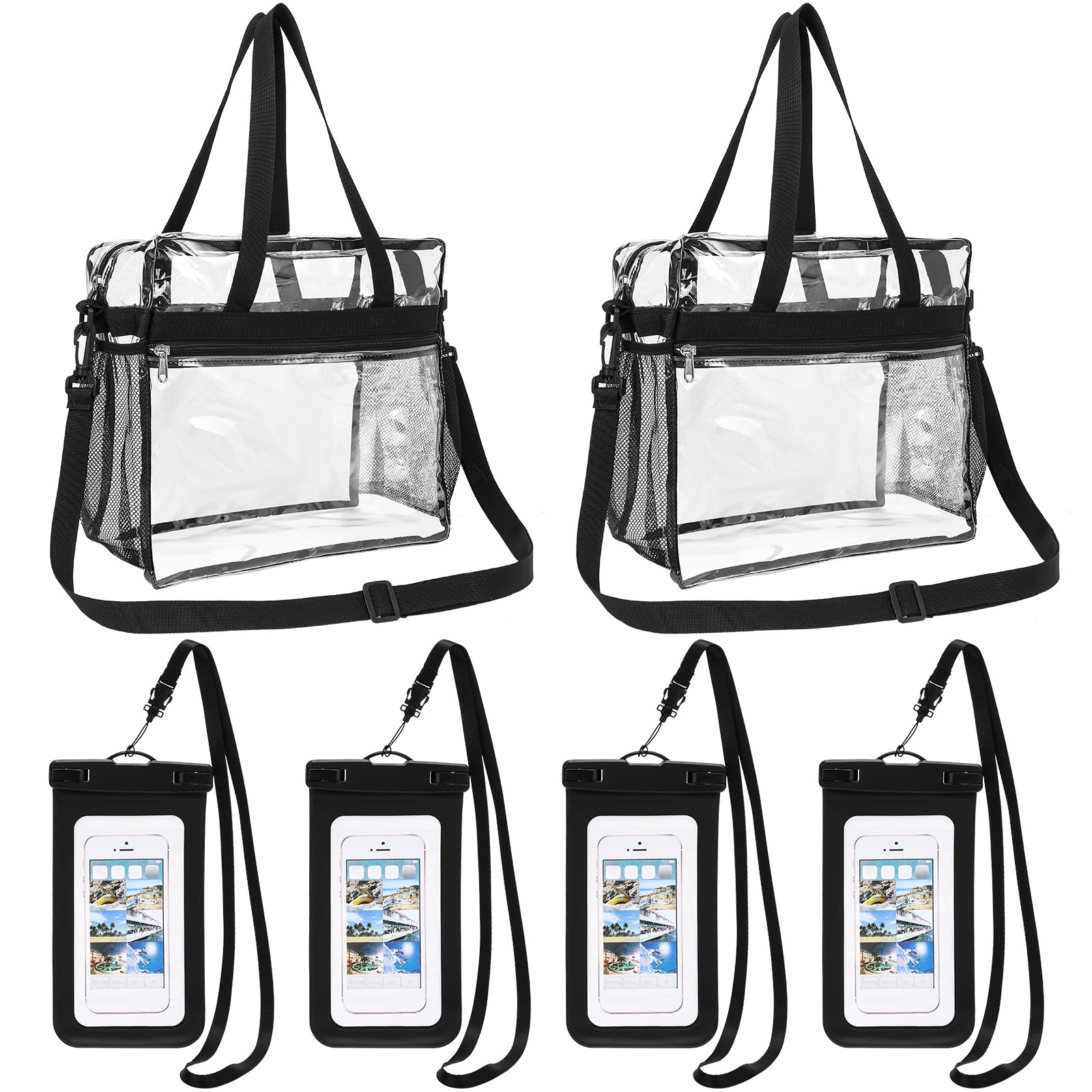 Abbylike 6 Pcs Clear Bag for Stadium Events 12 x 6 x 12 Large Clear Tote Bags with Reinforced Strap Zipper and 7 Inch Universal Waterproof Phone Pouch