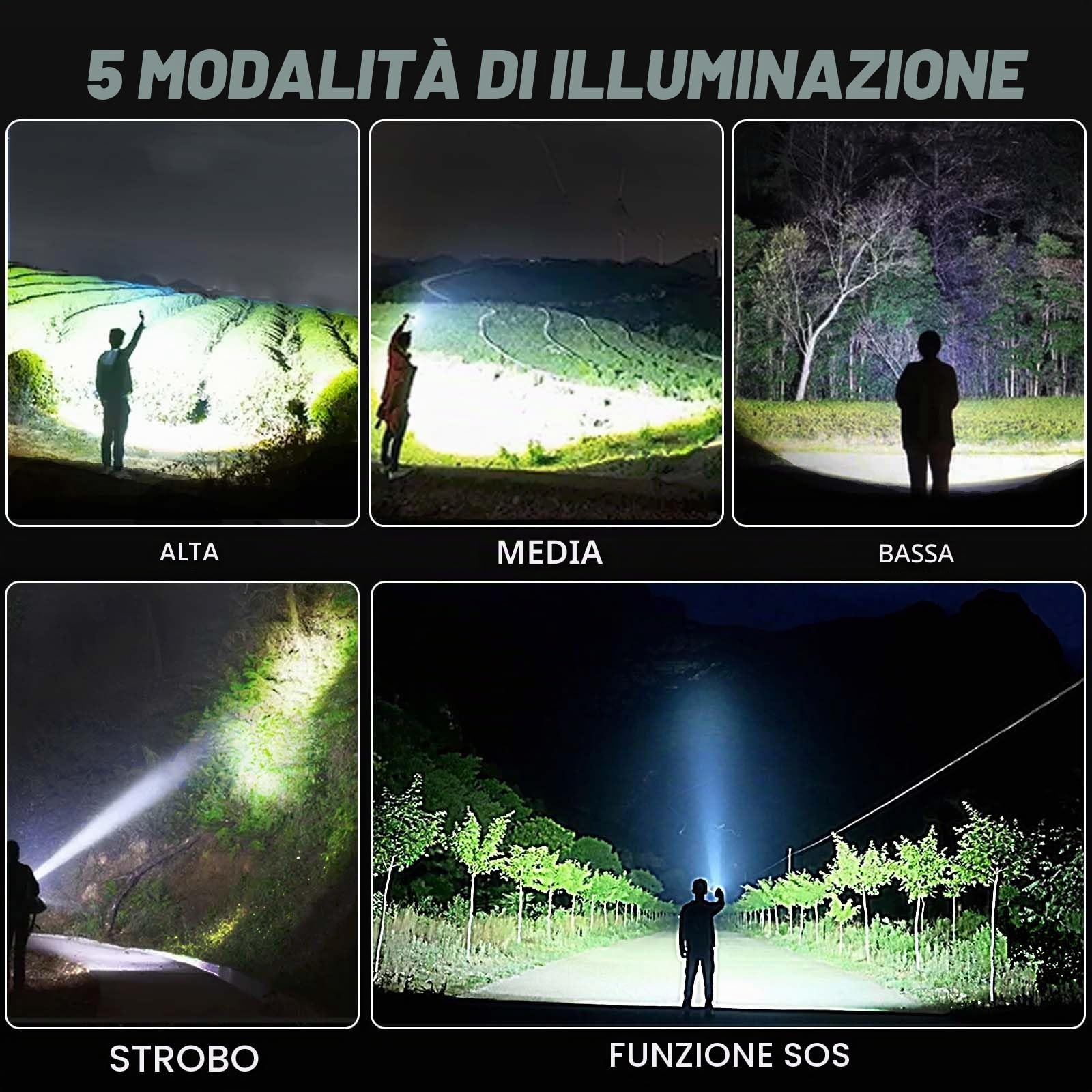 DOTCOM Lylting - Torcia ricaricabile da 250000 lumen, super luminosa, con cavo USB, 5 modalità, impermeabile, potente torcia per campeggio ed escursionismo
