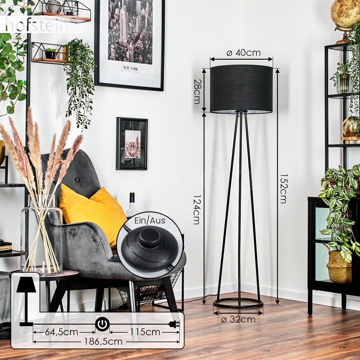 HOFSTEIN Stehleuchte Bassagoda, Stehlampe aus Metall/Stoff in Schwarz/Weiß, Leuchte im modernen Design mit rundem Schirm Ø 40 cm und Fußschalter, Höhe 152 cm, 1 x E27, Wohnzimmer, Schlafzimmer