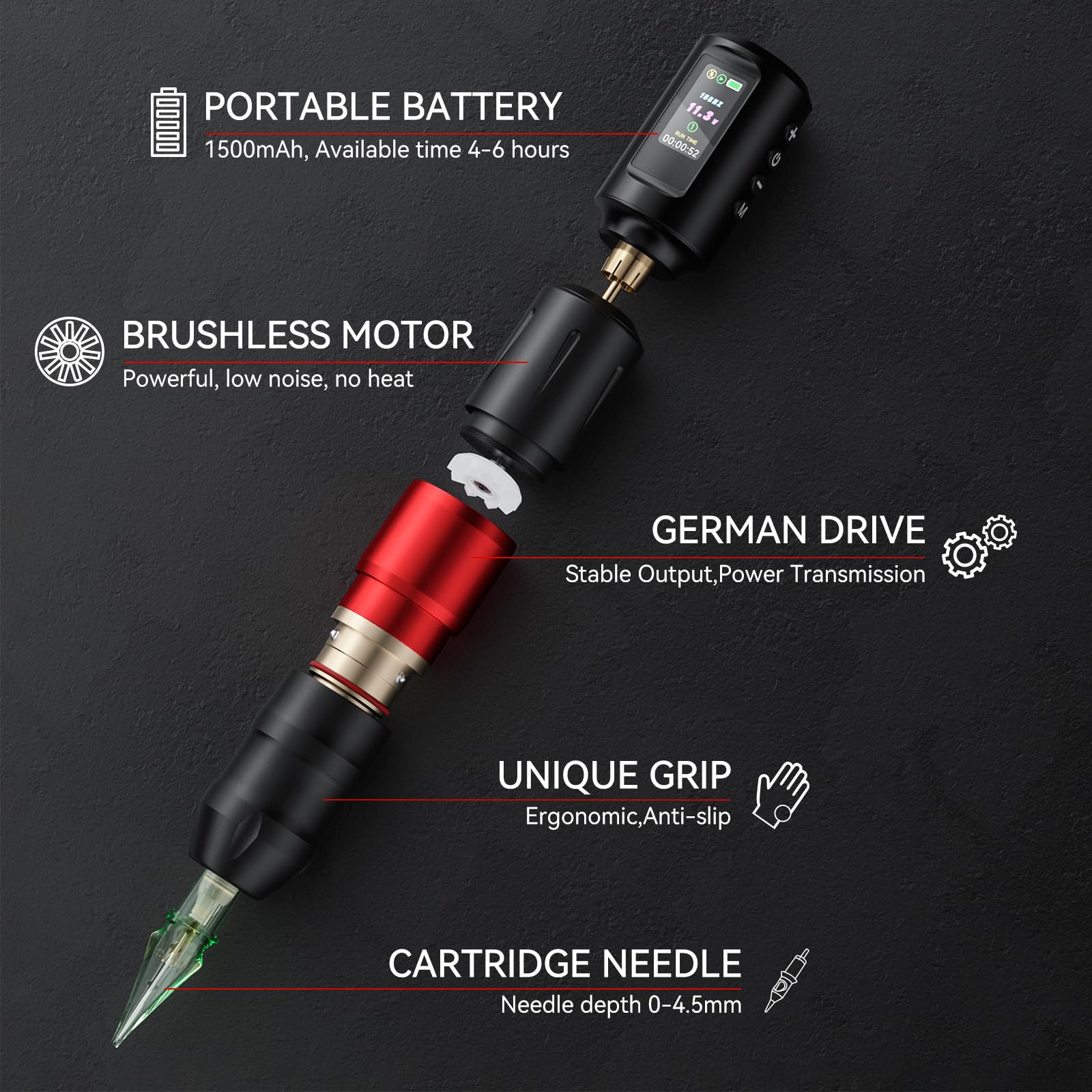 Kit de Máquina de Tatuar Solong 20 agujas para tatuajes, 7 botellas de tinta, 2 baterías de 1800 mAh, kit completo de tatuaje para principiantes y profesionales EF-TKP752AEU-2