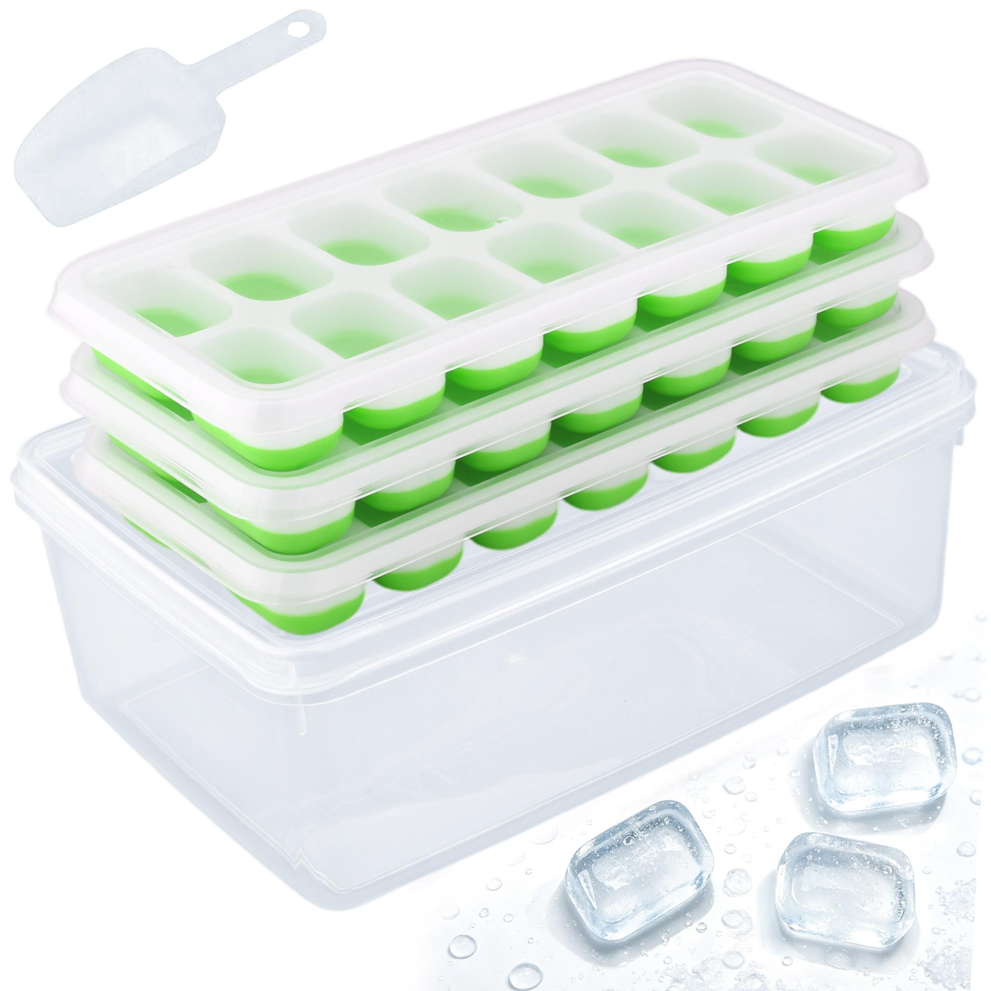 3 Pack Silicone Bottom Ice Cube Trays with Lids, Ice Storage Box & Ice Scoop, BPA Free Easy Release for Cocktails, Drinks & Parties(Green)