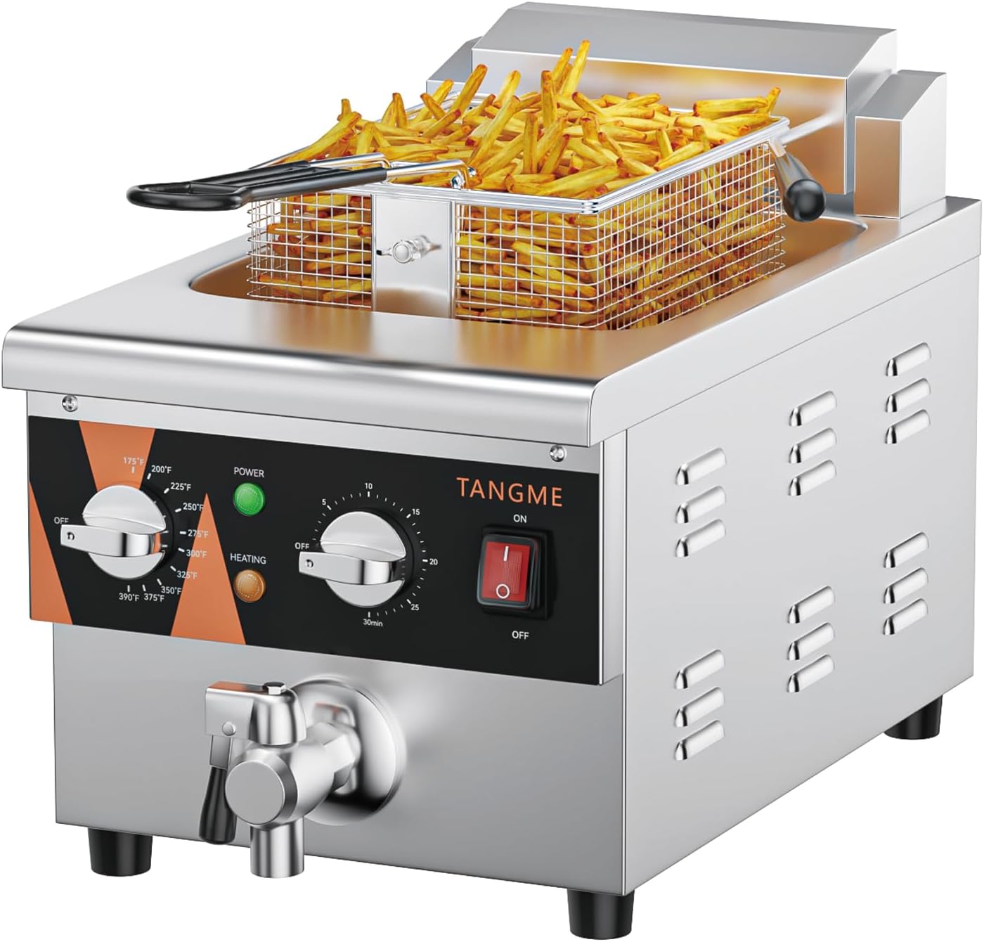 TANGME Commercial Deep Fryer with Drain Valve, 12.7Qt Electric Countertop Fryer Stainless Steel Oil Fryer with Temp & Time Control, 1800W, 120V 10.5Qt with Drain
