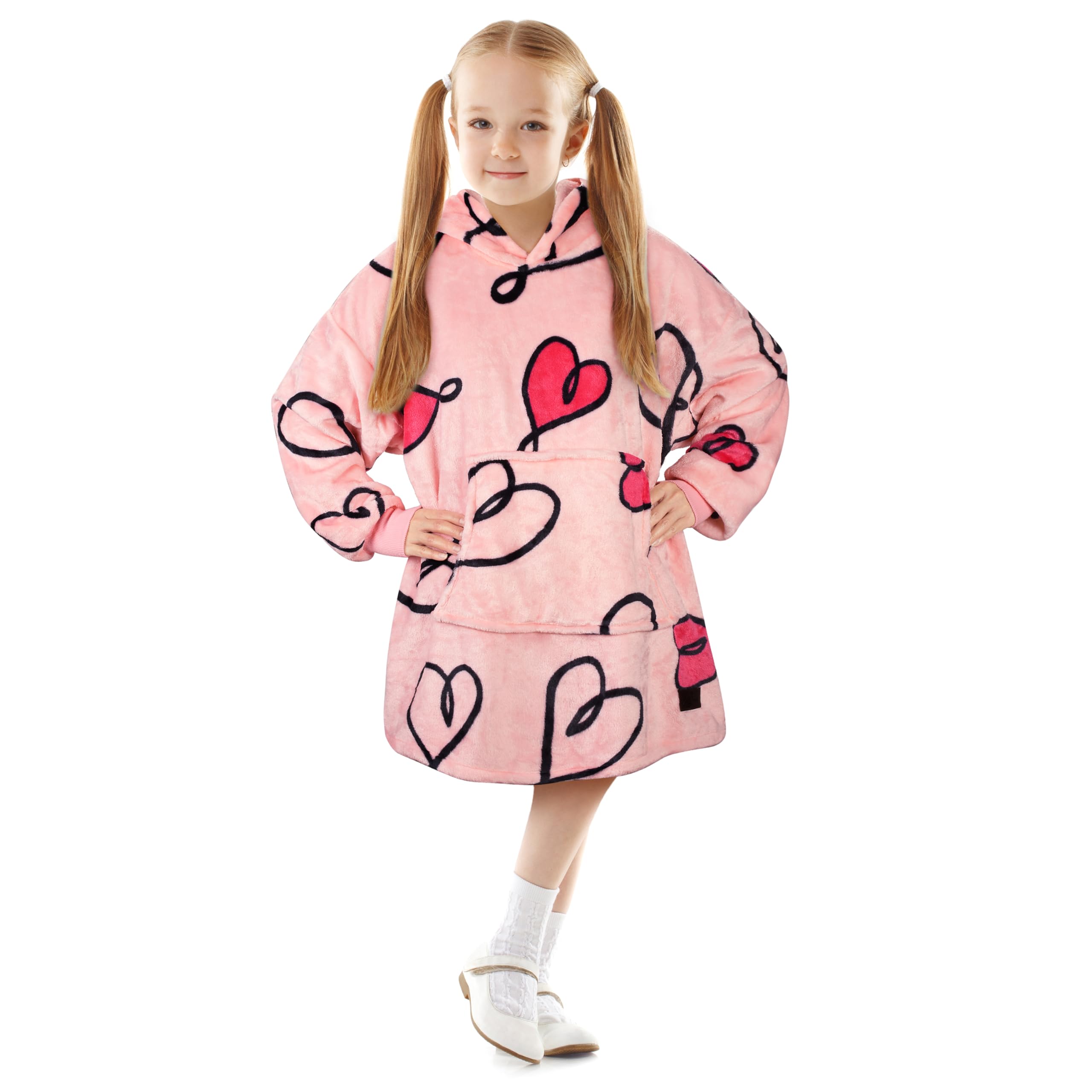 Catalonia Classy Kids Hoodie Blanket, Oversized Snuggle Hoodie Kids, Girls Boys Snuggle Wearable Blanket, Sherpa Fluffy Giant Hooded Sweatshirt for Teens, Pink Love