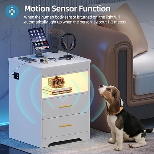Miniatura 6 de Gurexl Juego de 2 mesitas de noche con estación de carga y puerto USB, mesa auxiliar con sensor automático LED, 3 colores regulables, estante para