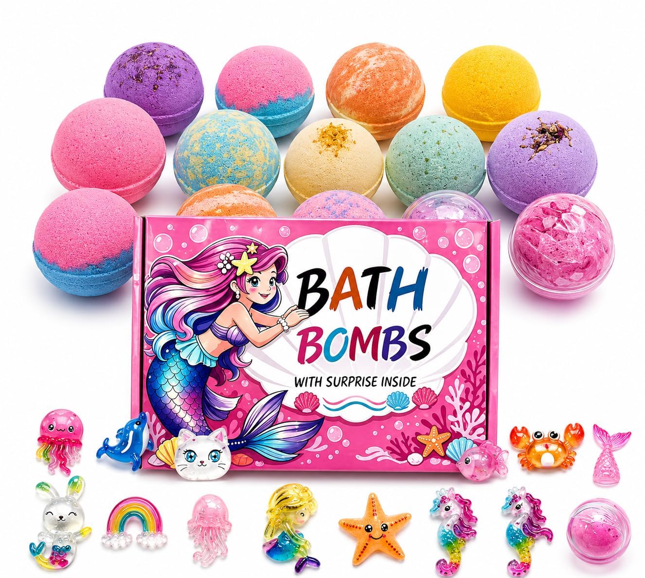 Bubble Bath Bomb Kids Spa Set with Surprise toy inside, No SLS, Gives Heavy Froth & Bubbles,100gm Each, Coconut Based Product (Pack of 12) Safe Kids 1+, Free from Heavy Metal Residues (Stain Free Ingredients) (Mermaid Bath Pack of 12)-image-49