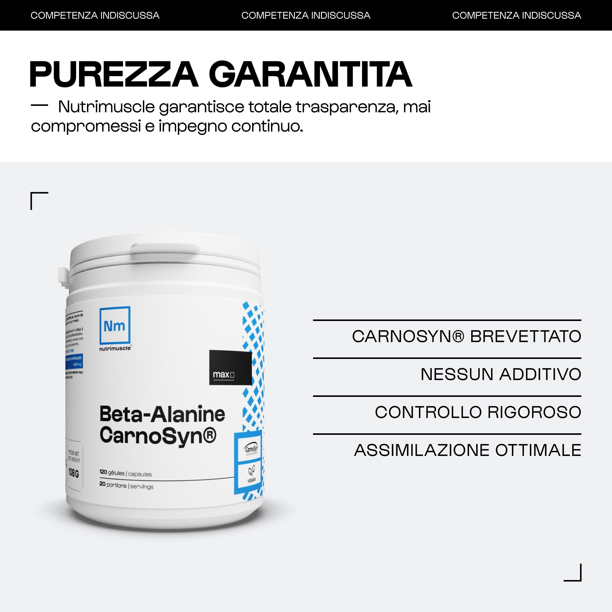 Beta-alanina brevettata | Carnosyn pura al 100% • Ritarda l'affaticamento • Riduce l'acidosi • Vegano • Aminoacido per Forza e Resistenza • Bodybuilding e Fitness | Nutrimuscle | 120 capsule