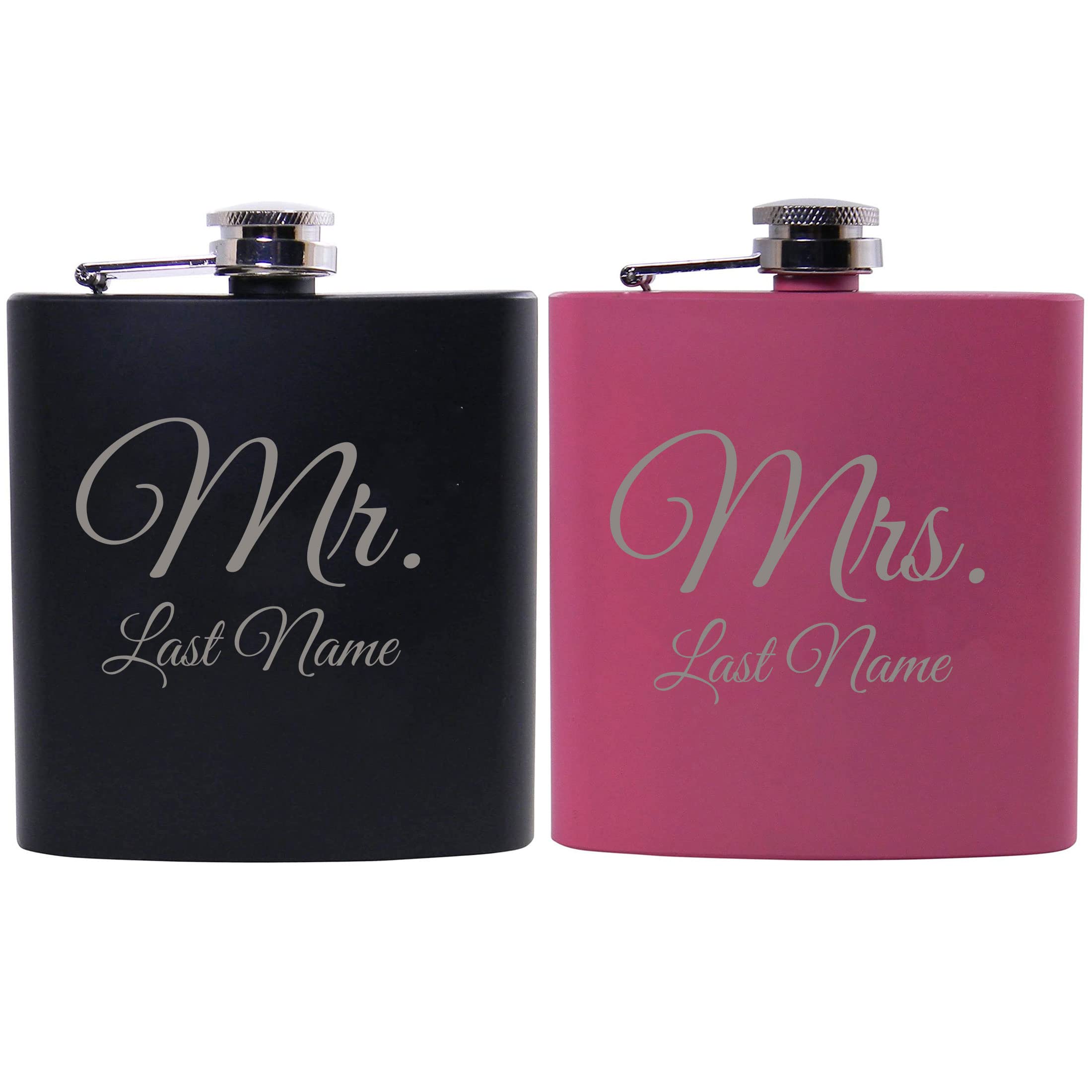 Mr. and Mrs. 6 oz Stainless Steel Black/Pink Matte Wedding Flask Set - Bride/Groom Wedding Gift for Newlyweds, Couples