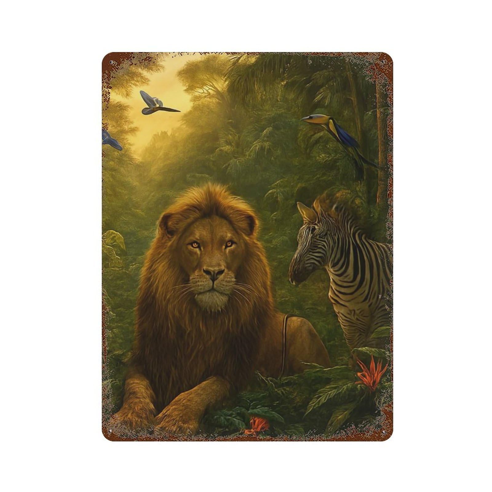 Rust Effect Lion And Zebra in Jungle Decorative Tin Sign 15.7"x11.8", Classic Wall Plaque for Pub, Kitchen And Man Cave Decor