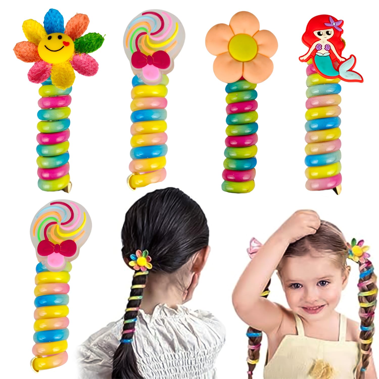 ANNACREATIONSANNA CREATIONS 5 Pack Telephone Wire Hair Band for Kids Elastic Spiral Hair Ties for Girls Cute Cartoon Braids Ponytail Holder Maker Kids Hair Accessories for Girls (Flower-Ponytail Ribbon-5)