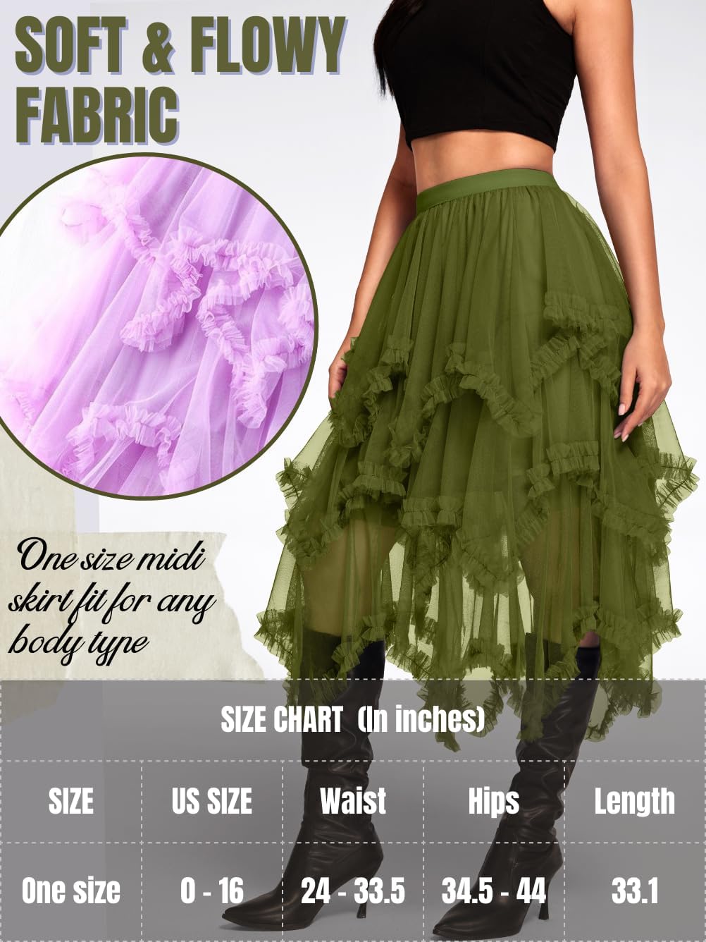 Kaei&Shi Long Tulle Skirt,Asymmetrical Ruffle Hem,Renaissance Fairy Costume