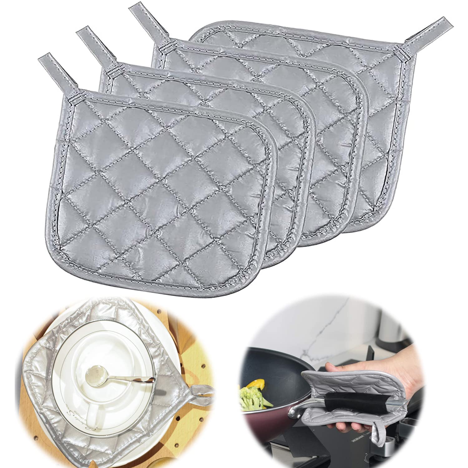 DELFINODELFINO 4 Pcs Pot Holders Cotton Made Machine Washable Pot Holders, for Hot Dishes Thick Hot Pads for Kitchen, Heat Resistant Mats, Oven Pads, Hot Mats for Hot Pots and Pans (Silver)
