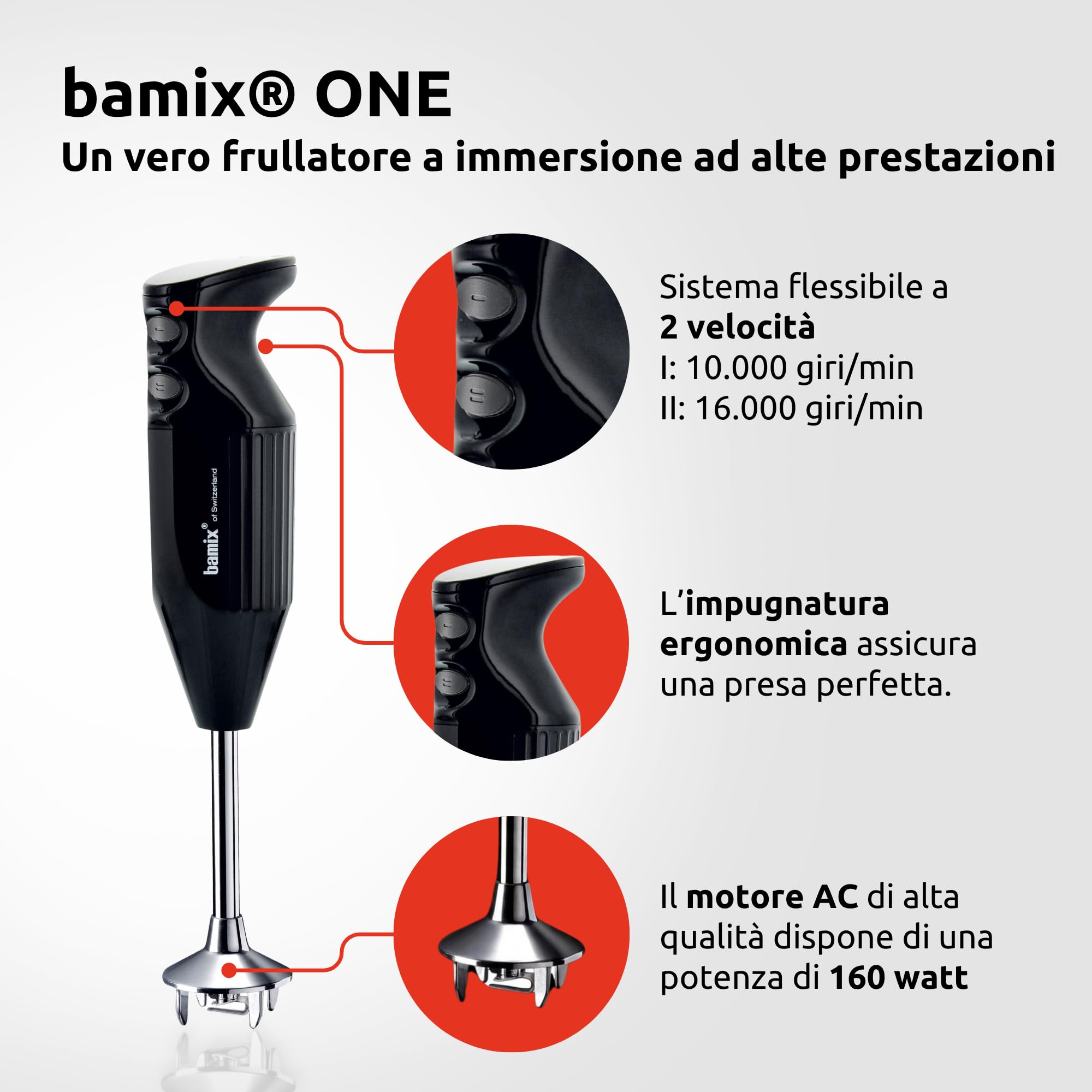 bamix Frullatore a immersione acciaio M160 ONE incl. lama multiuso in acciaio inox, 160 watt, 2 velocità, Made in Switzerland, Nero