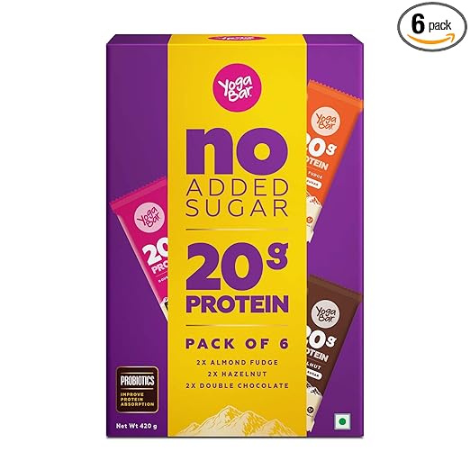 Yogabar No Added Sugar 20g Protein Bars | High Protein & Energy Bars | Added Probiotics & Whey | 20g Protein & 10g Fibre Nutrition Bars| Pack of 6 x 70g Each | No Preservatives