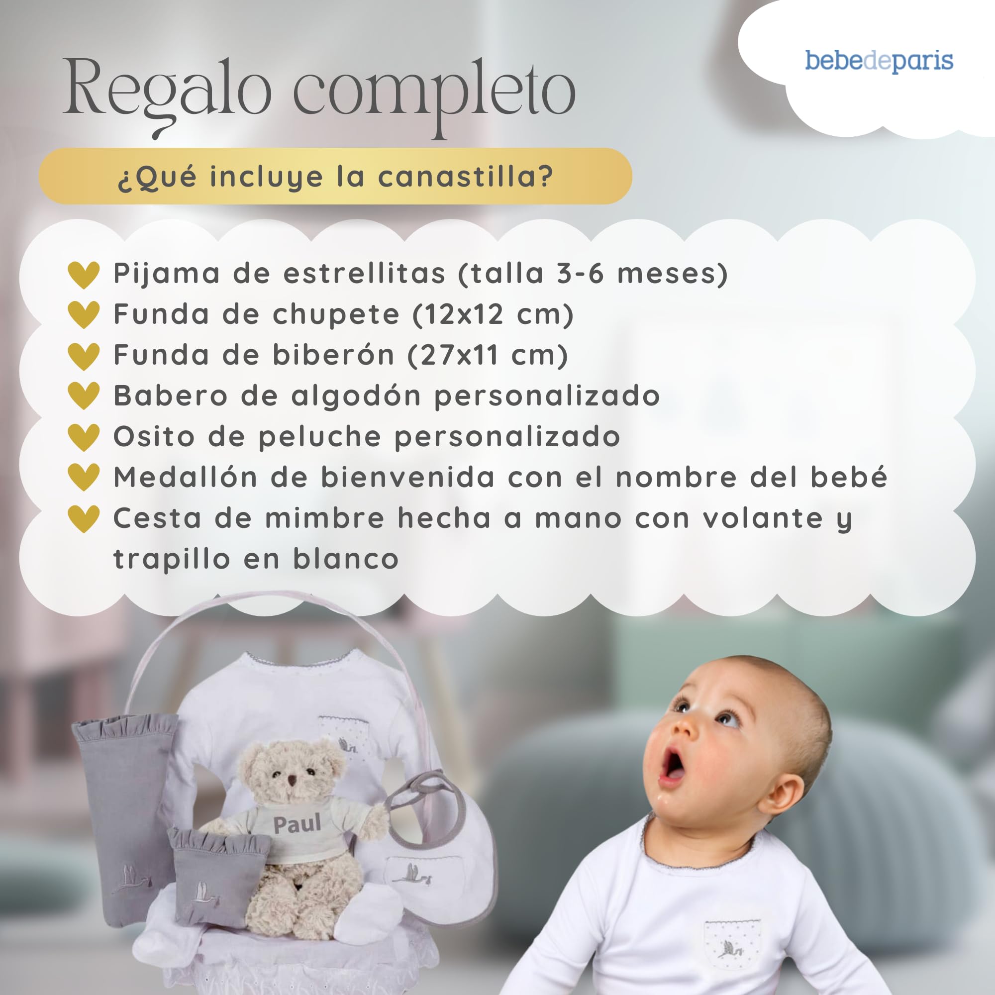 Regalos para Bebes Recien Nacidos Personalizados | Canastilla Bebé Clásica Esencial | Caja Estilo Vintage de Regalo Bebé | 3 a 6 Meses (Neutro) | BebeDeParis
