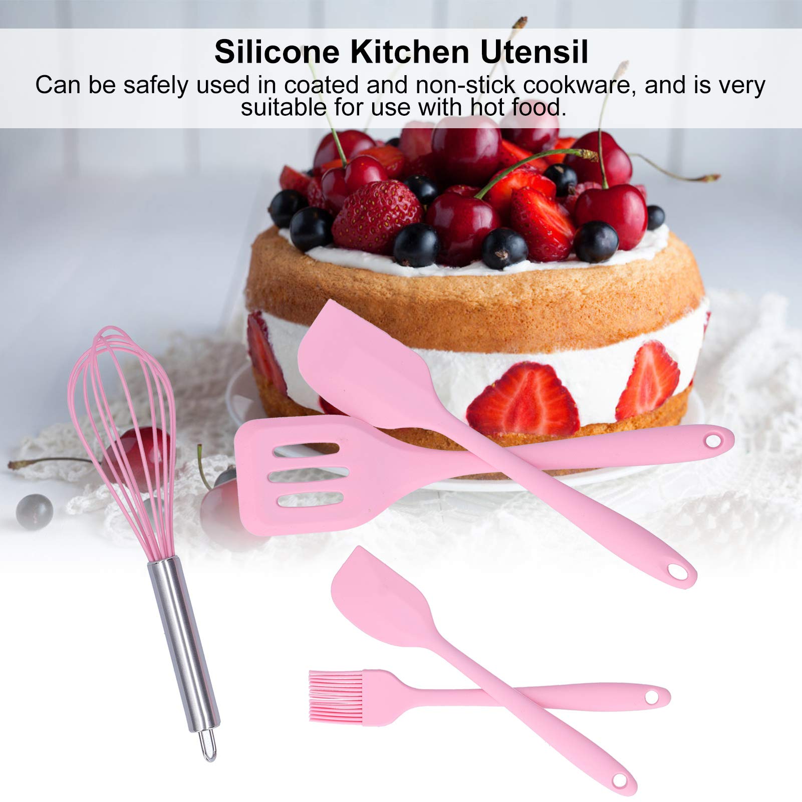 Silicone Cooking Utensils Kitchen Utensil Set, 5 Piece Silicone Spatula Baking Scraper Egg-Beater Kitchen Accessories(Pink) - Image 4